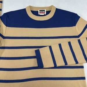Vintage Levi's Sweater Mens Large Beige Blue Stripe Crewneck Knit Hong Kong 80s